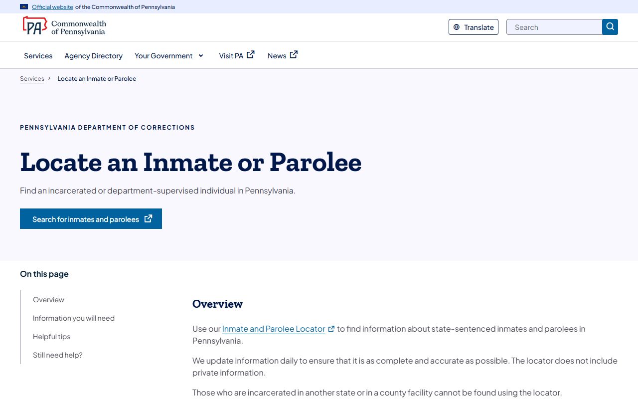 Pennsylvania DOC locator service page explaining inmate and parolee lookup