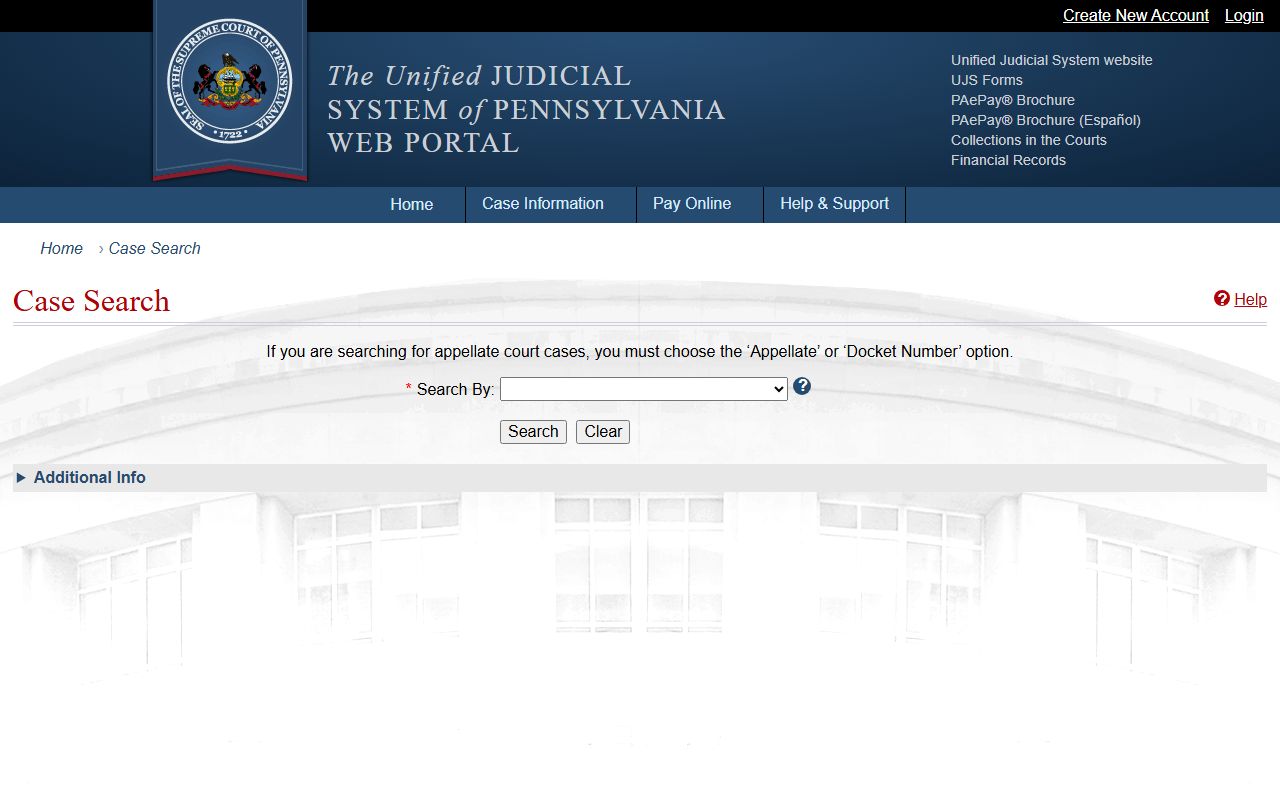 Pennsylvania UJS Case Search interface for court docket searches