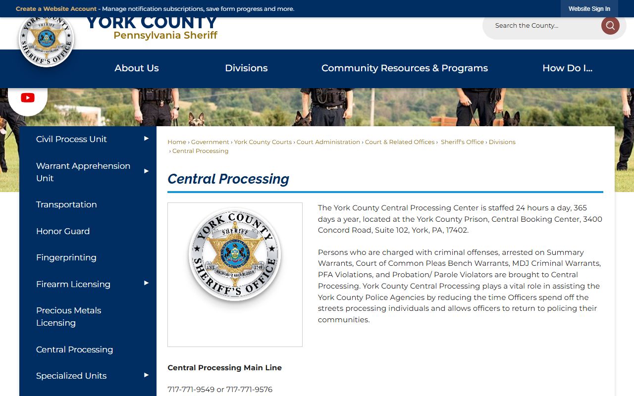 York County Central Processing Center custody search official page