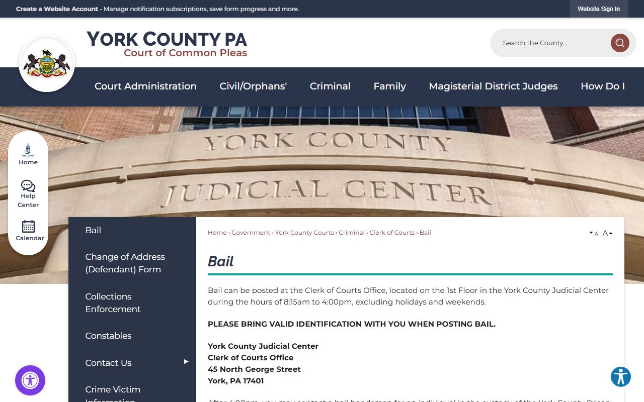 York County bail page showing Clerk of Courts bail posting information