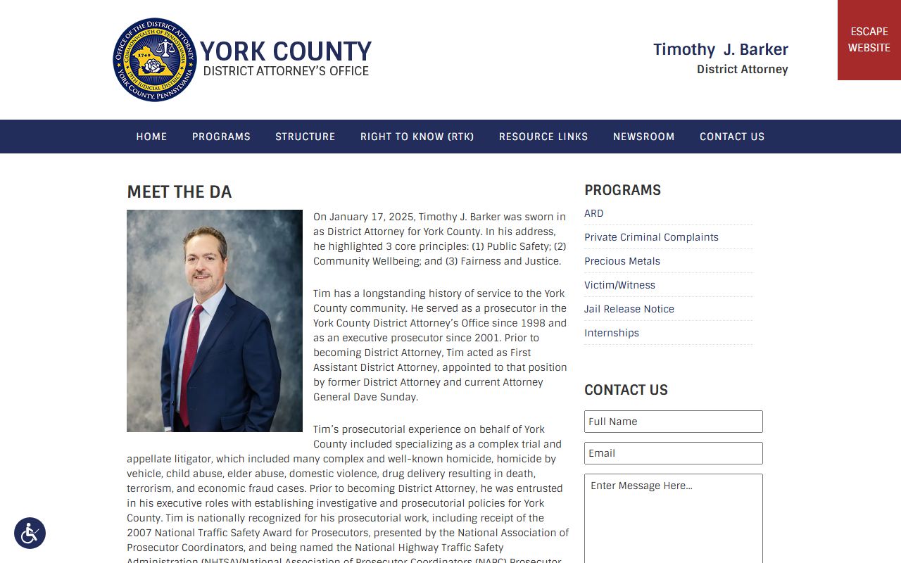 York County District Attorney Timothy J. Barker official biography page