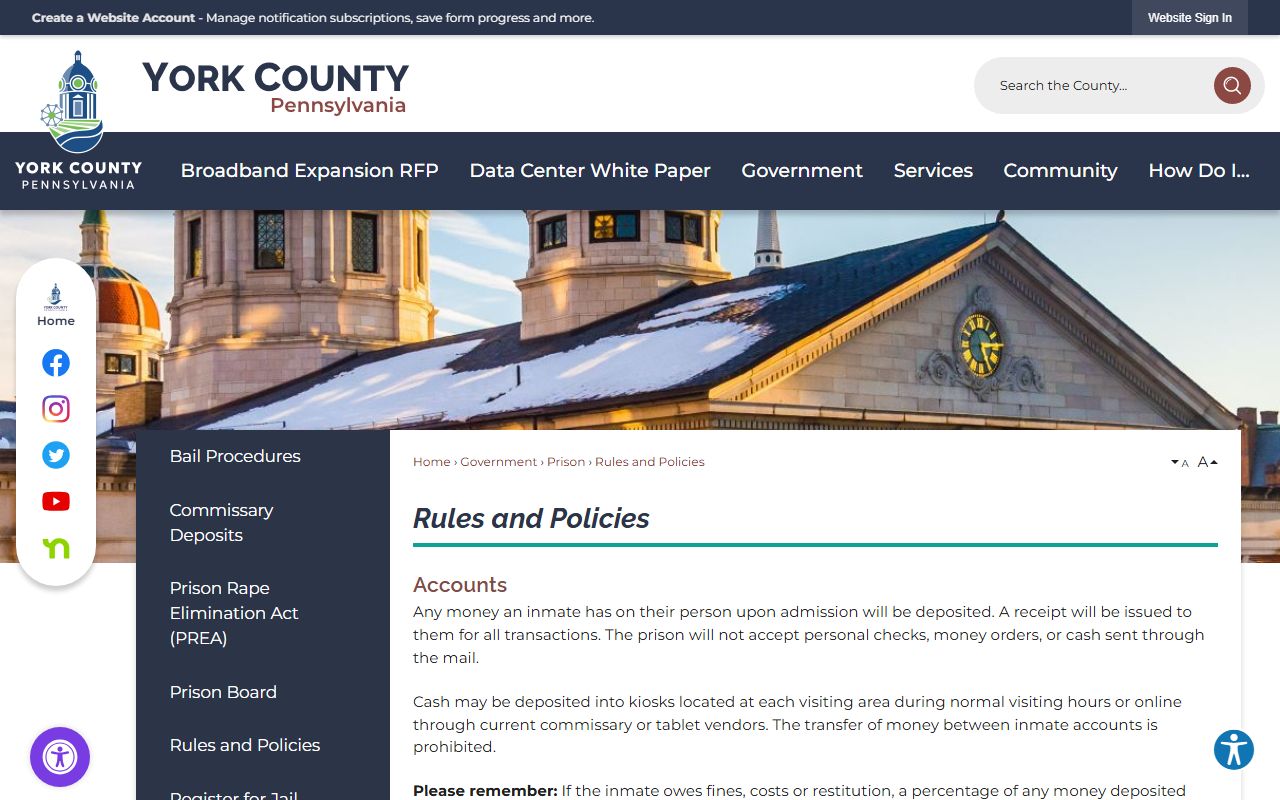 York County Prison mail phone and money rules for inmates