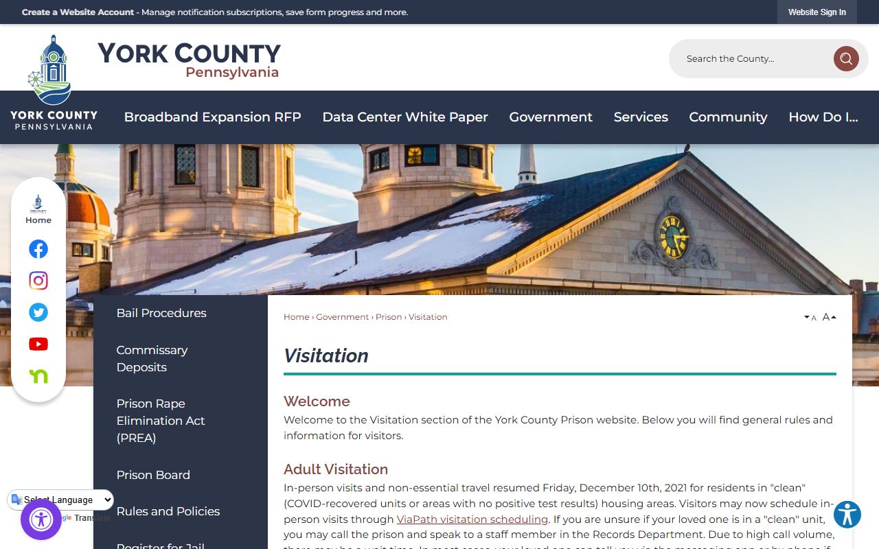 York County Prison visitation schedule for inmate visits