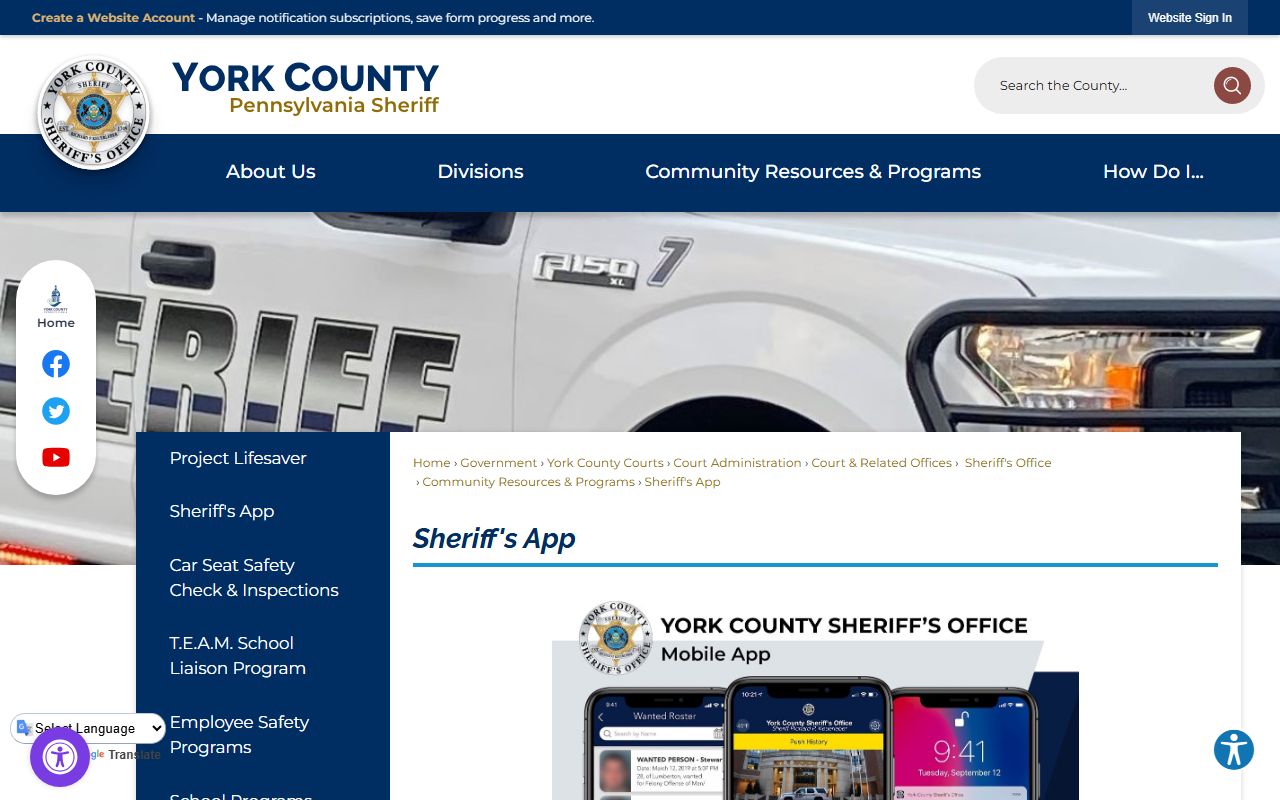 York County Sheriff's app page showing public outreach and tip submission features
