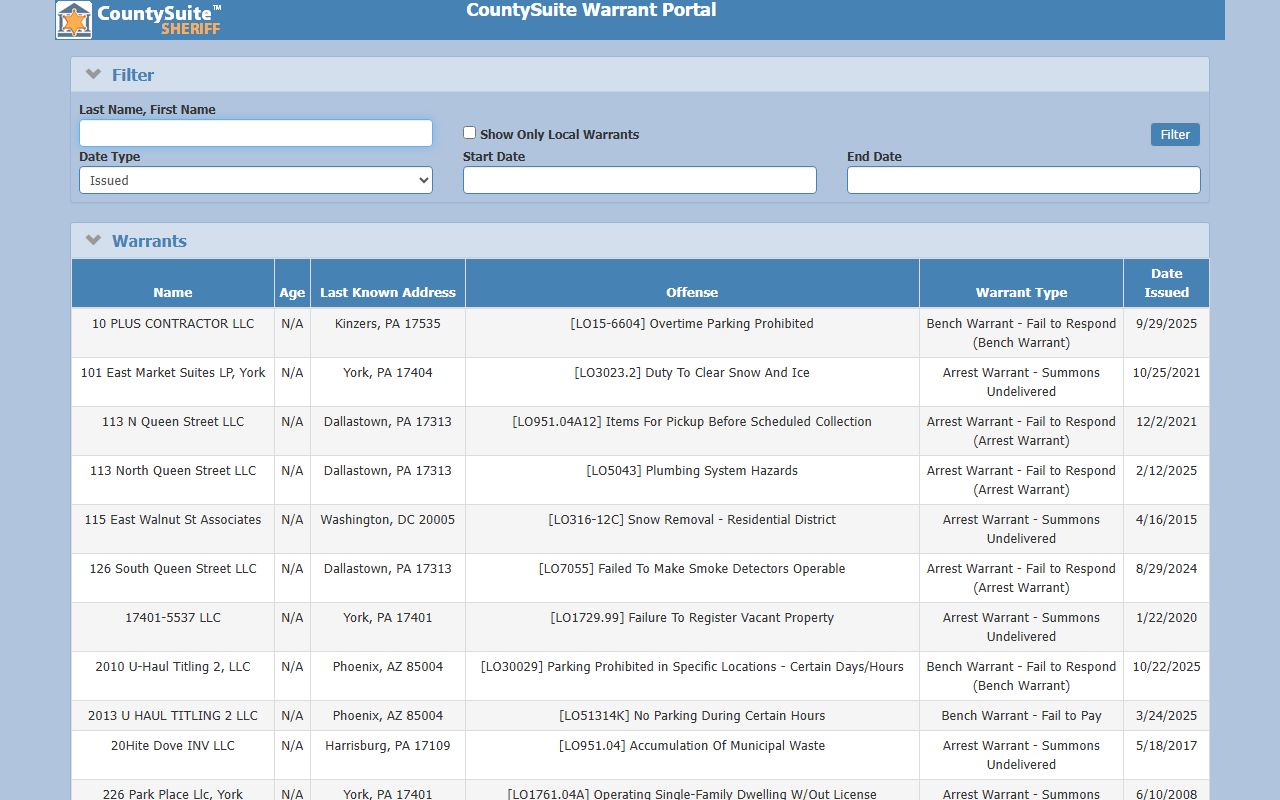 York County CountySuite Warrant Portal result list